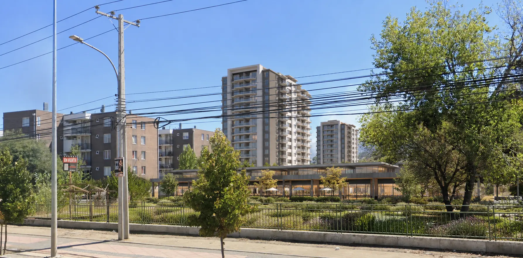Visualización conceptual de desarrollo mixto con comercio y vivienda sobre el frente real de Avenida Lircay